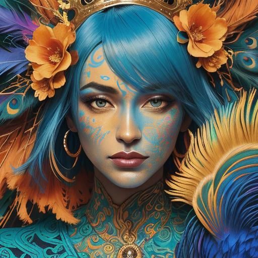 Abstract Woman with Peacock Feathers in Expressionist Style