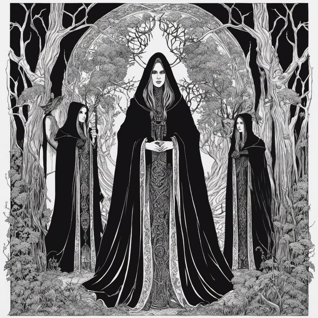 Eerie Ink Drawing of Witches in Celtic Forest