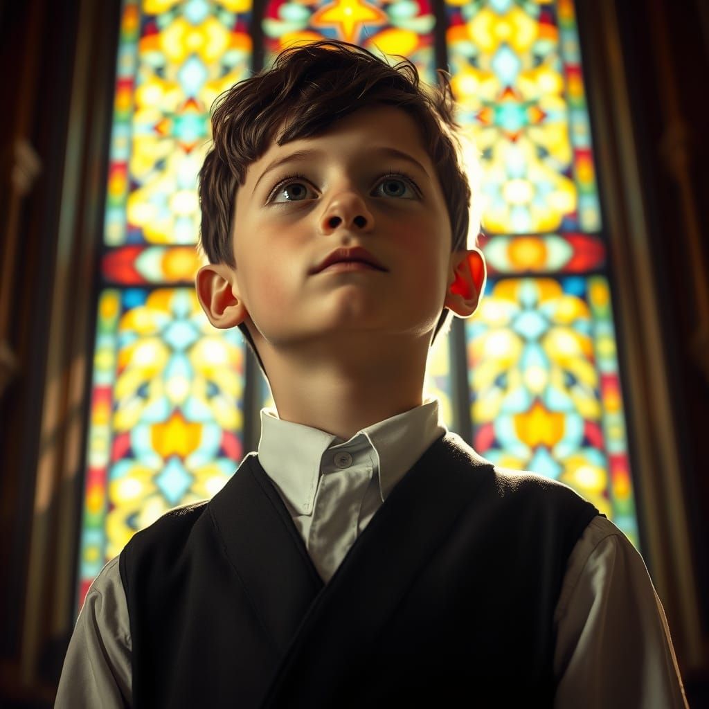 Soulful Young Hasidic Boy in Ethereal Stained Glass Glow