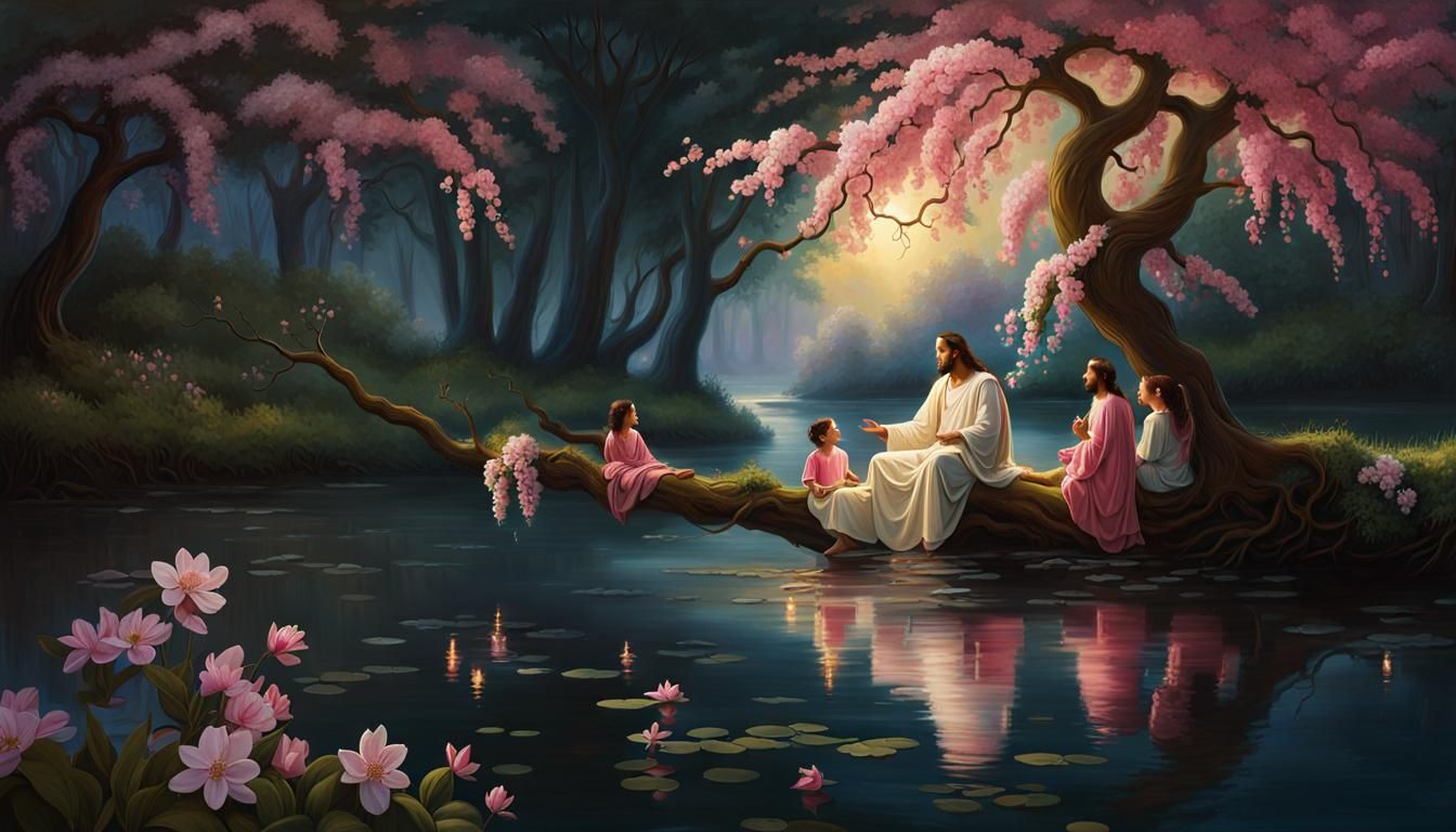Jesus with Children in Ethereal Riverside Setting