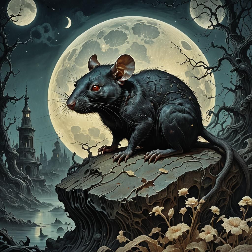 Black Rat Under Moon in Surrealist Style