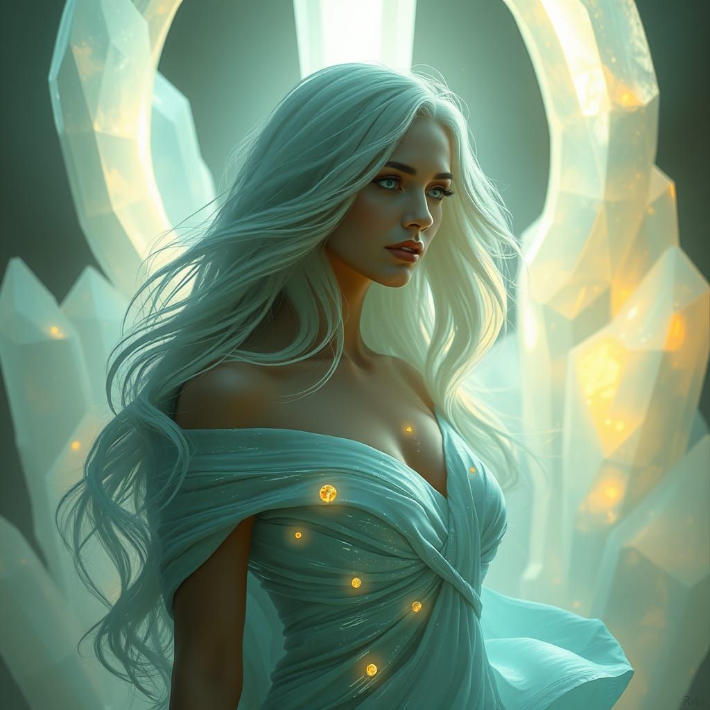 Mythic Futuristic Oracle in Luminous Crystal Arches