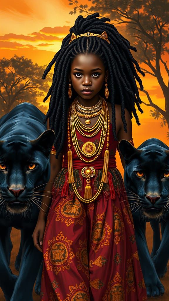 African Royal in Sunset Splendor with Majestic Panthers