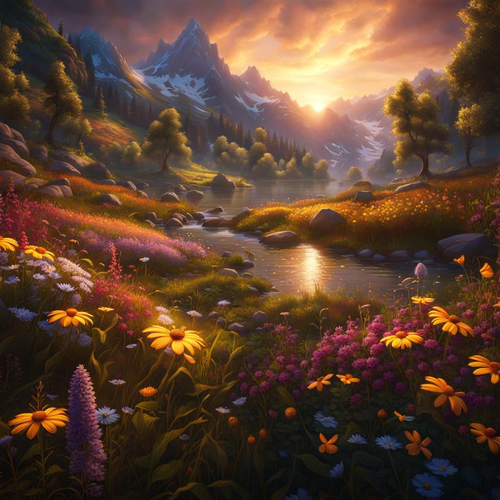 Butterfly Meadow Fantasy Landscape in Golden Light