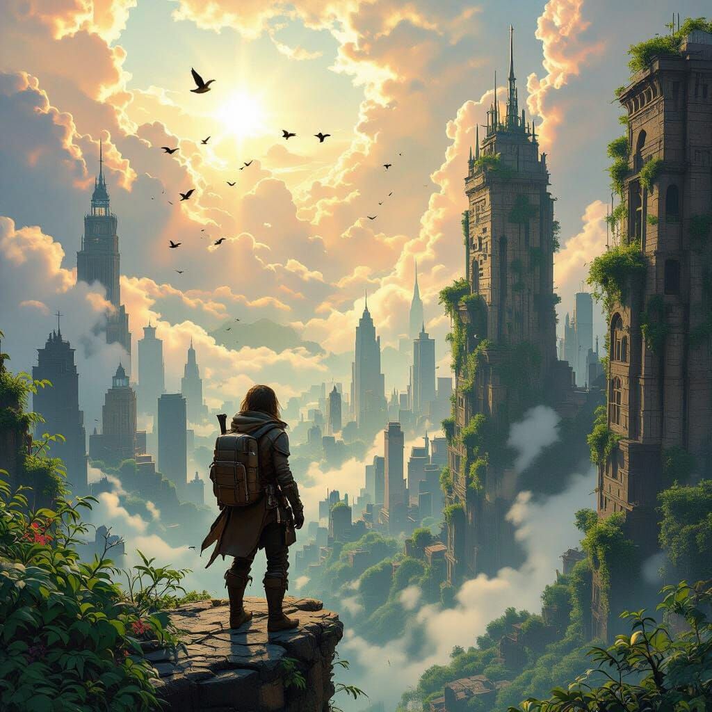 Explorer Overlooks Ruined Metropolis in Hyperdetailed Concep...