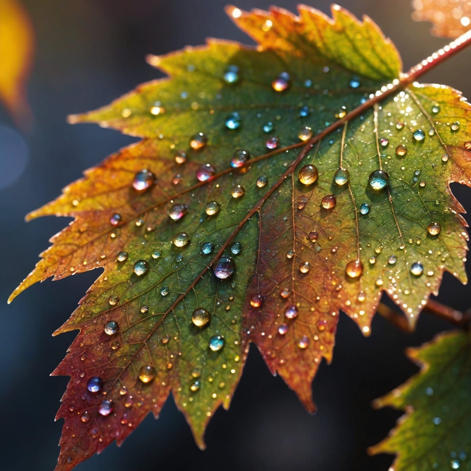 Macro Autumn Leaf with Rainbow Dew Drops