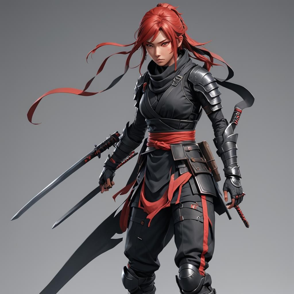 Red-Haired Ninja Woman in 3D Anime Style