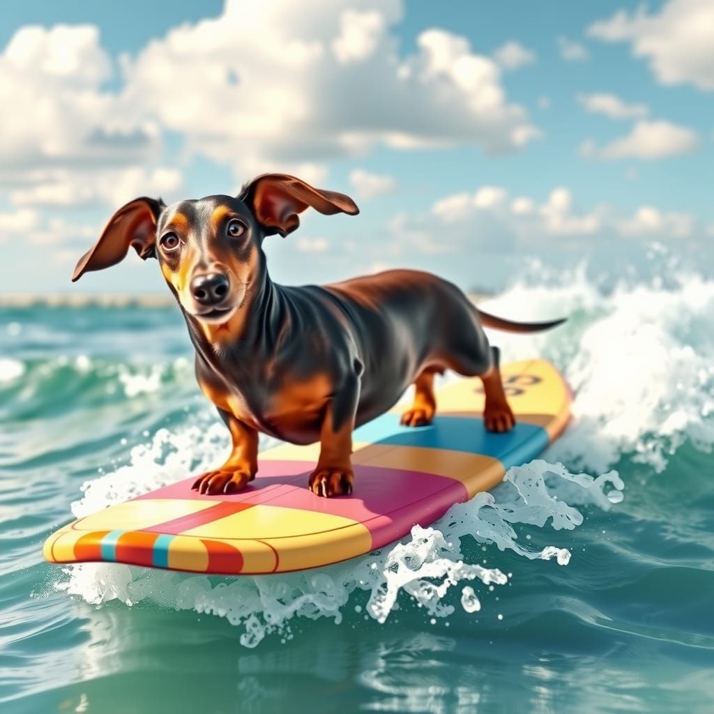 Dachshund Dog Surfing Ocean Waves