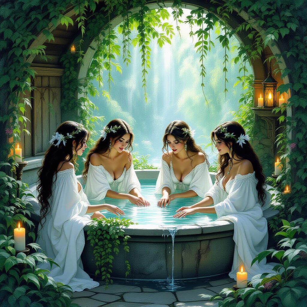 Mystical Faerie Bathhouse Scene in Fantasy Art Style