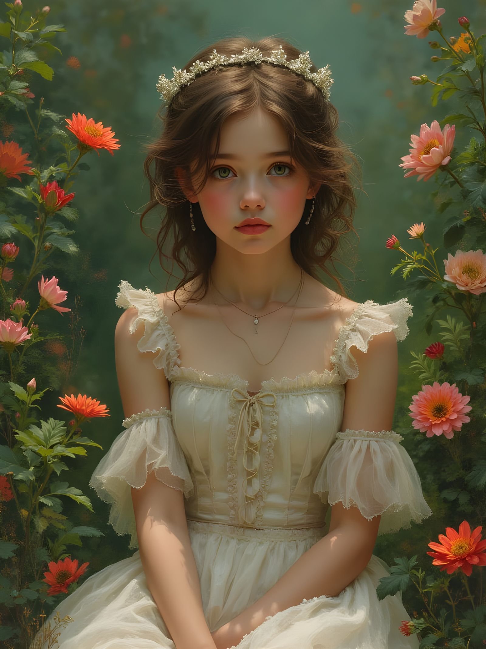 Elegant Girl in Garden: Cinematic Oil Painting