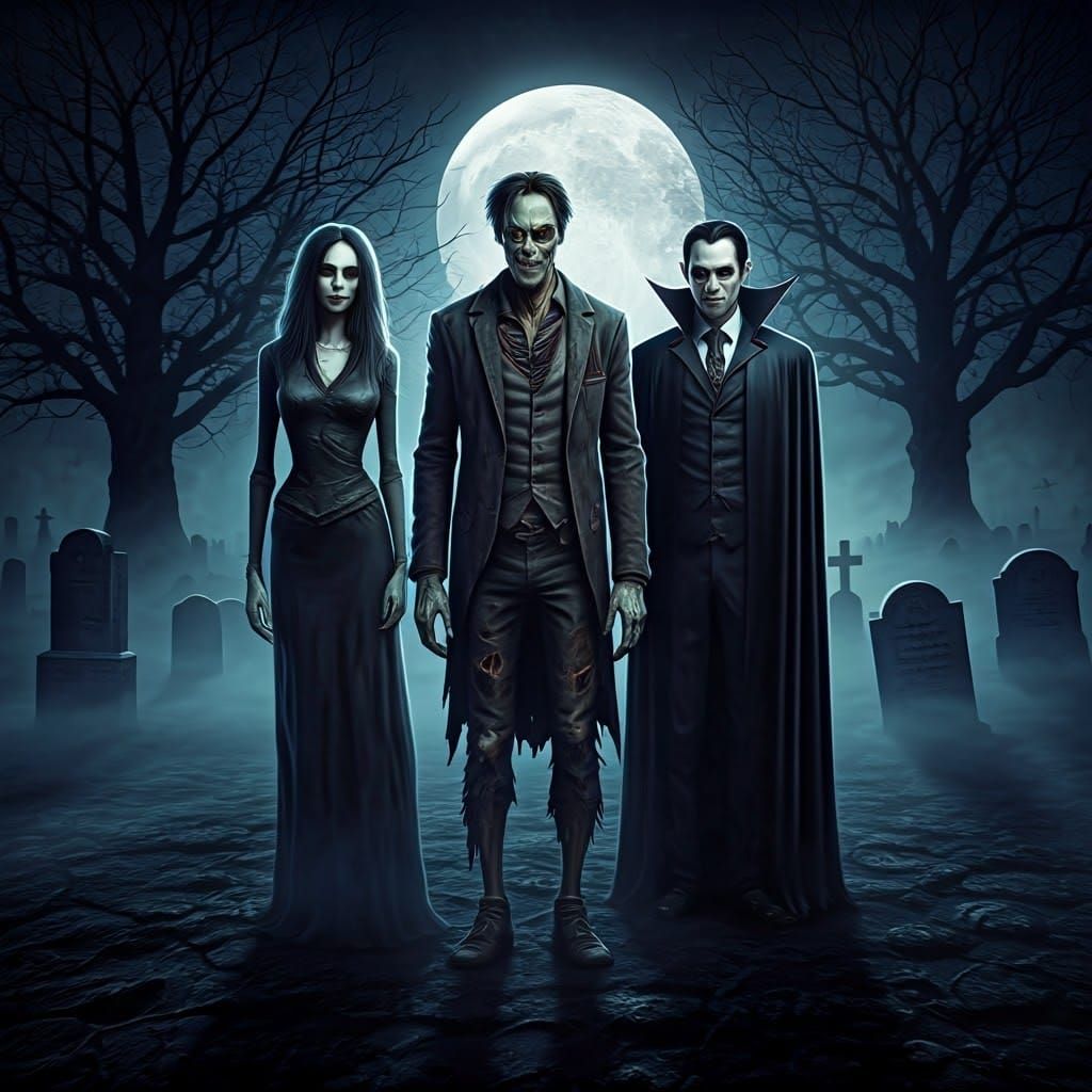 Spooky Halloween Monster Group Portrait in Surreal Style