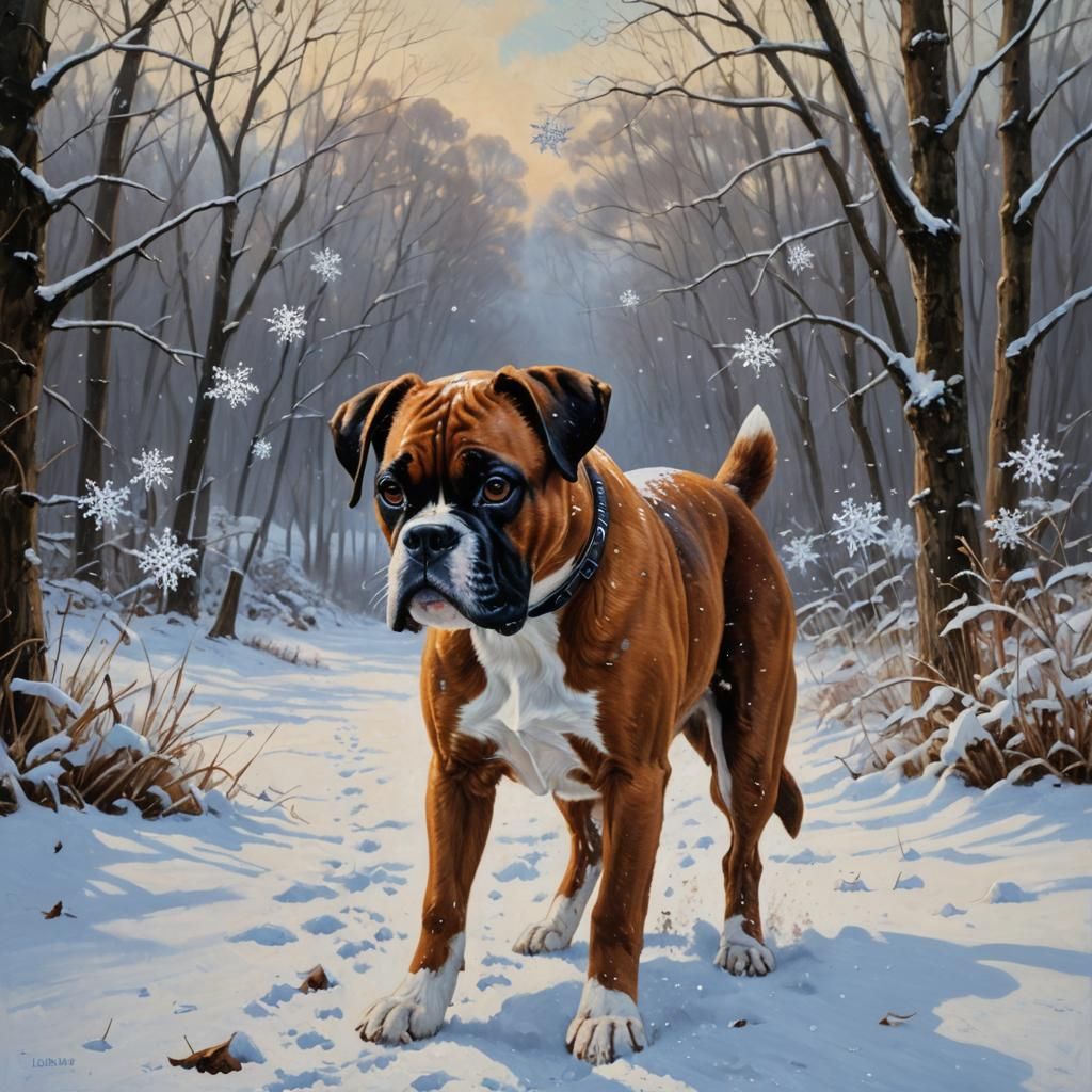 Boxer Dog's Snowy Day: An Oil Painting
