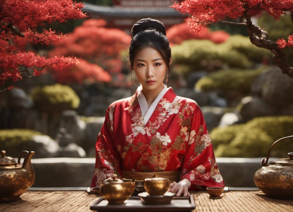 Asian Woman in Zen Garden Serving Tea