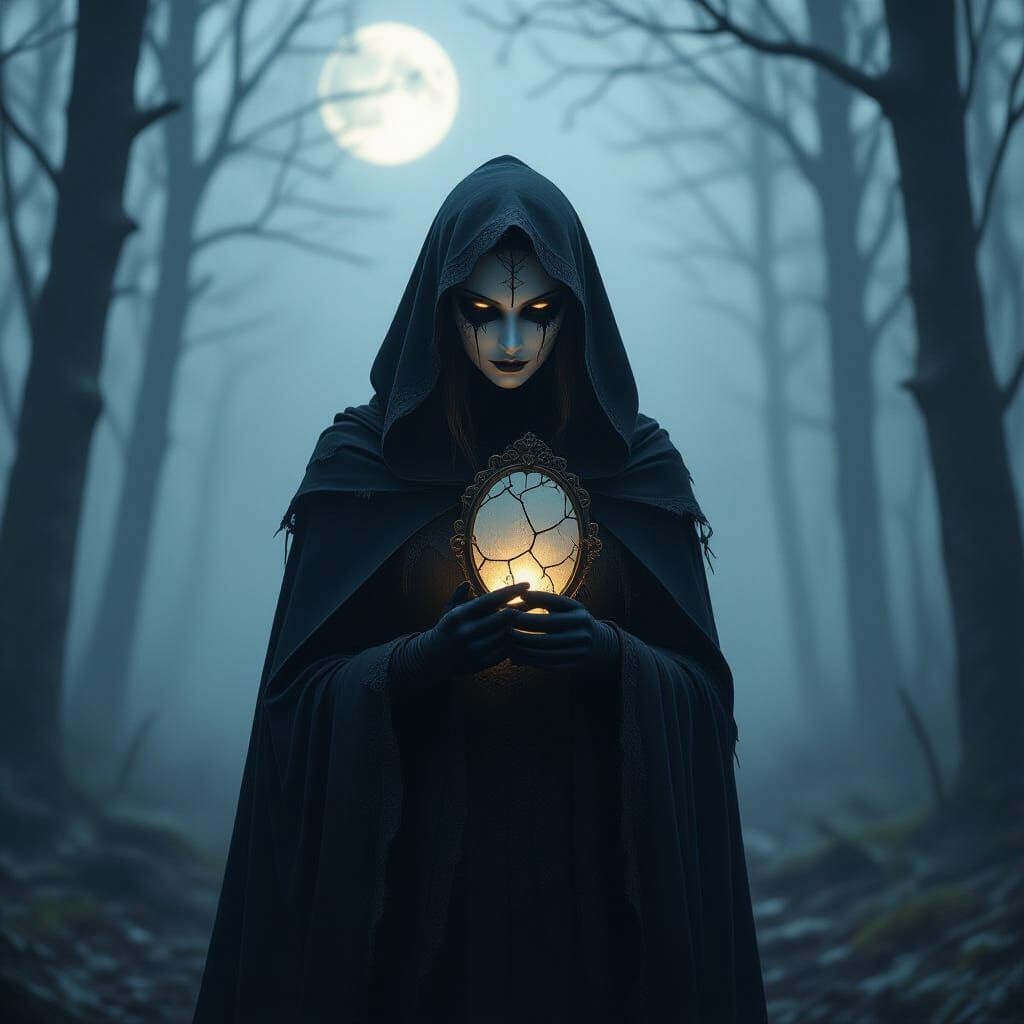 Mysterious Witch in Moonlit Forest with Cracked Mask