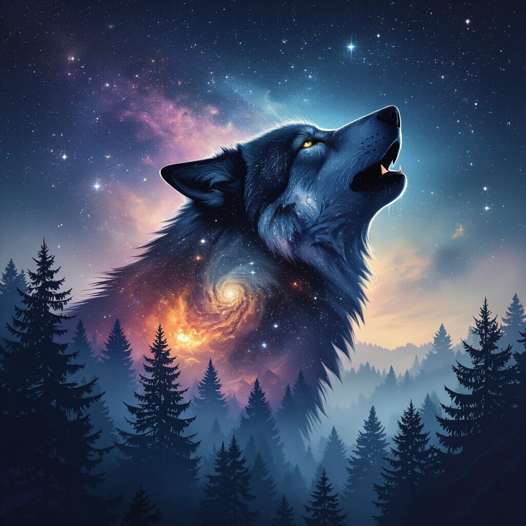 Cosmic Wolf Silhouette Merging With Starry Forest