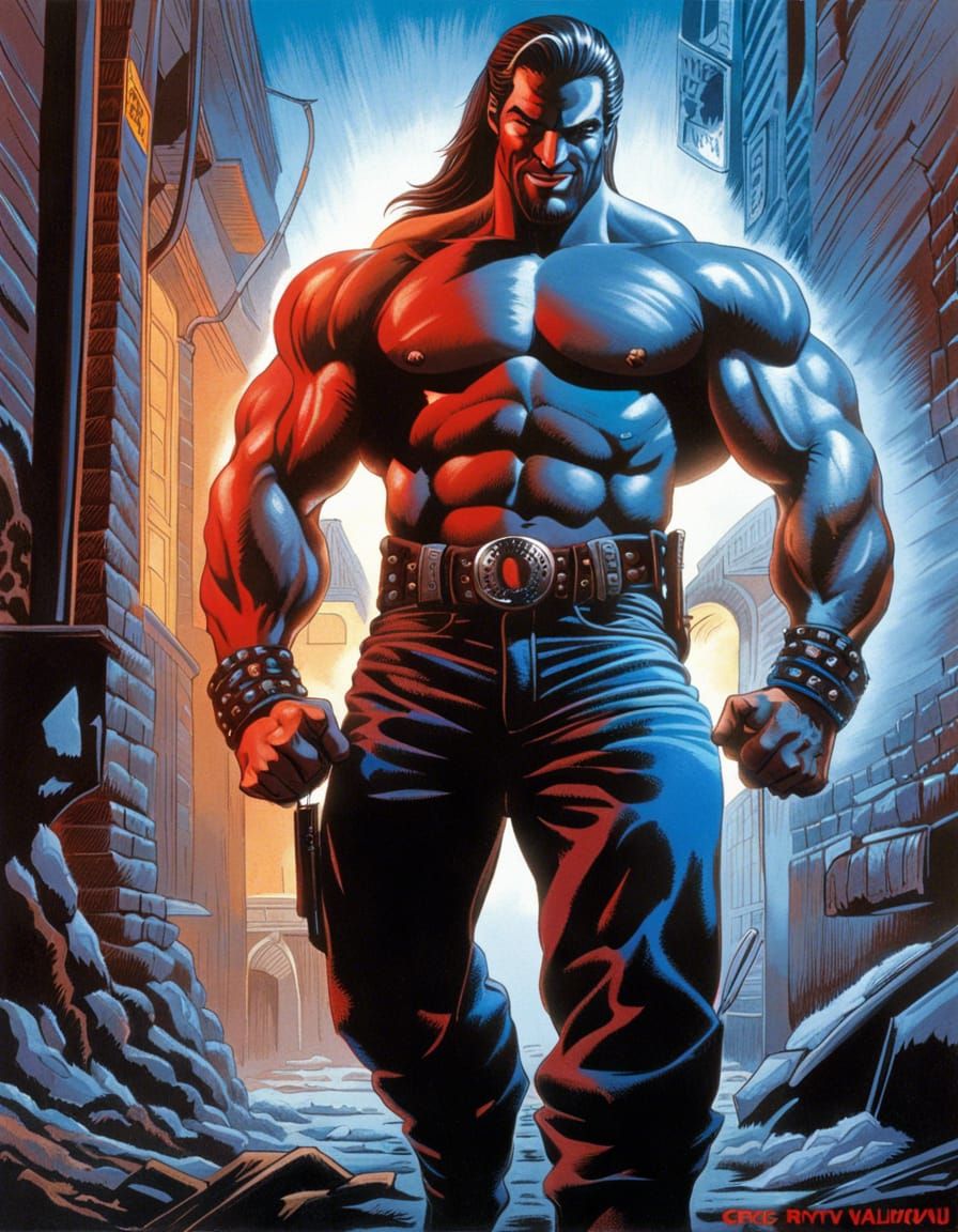 Biker Bodybuilder in Grimy Alley: Airbrush Art