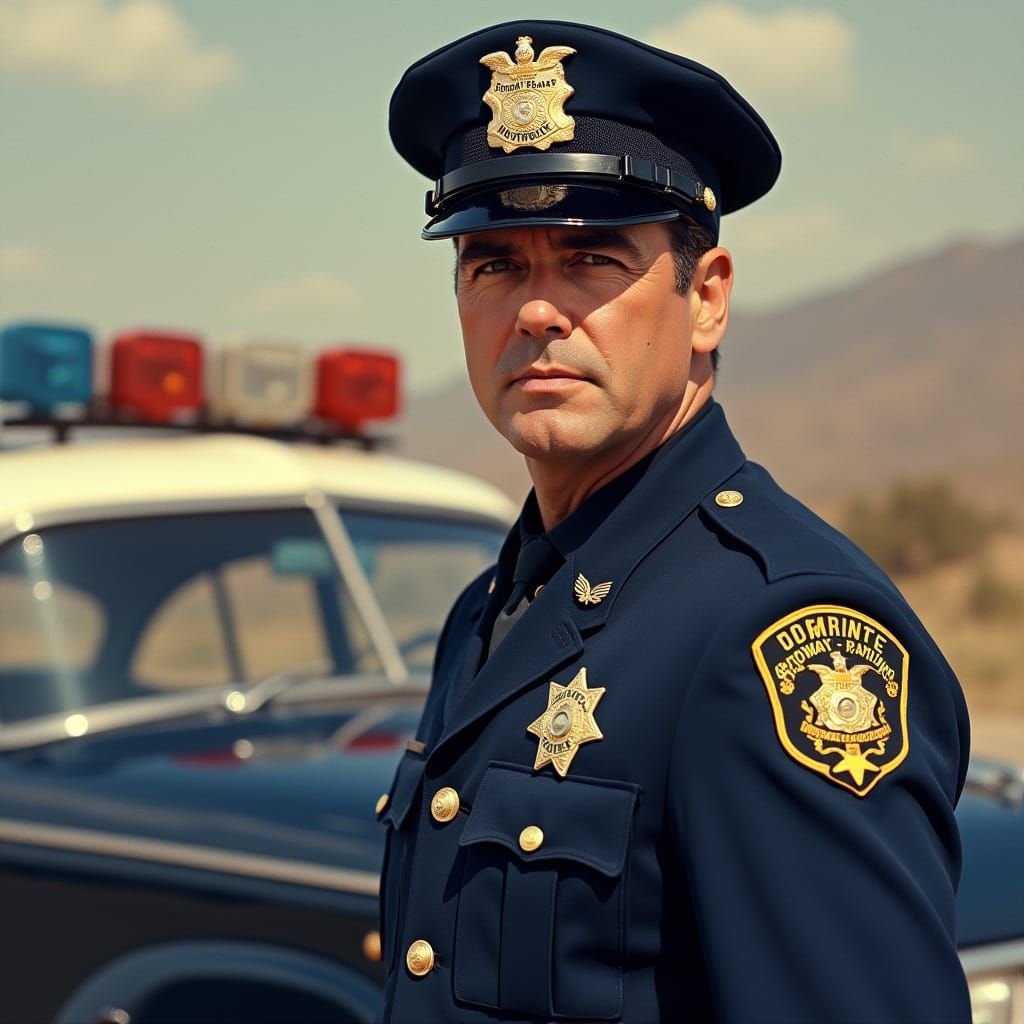 Vintage Highway Patrol Officer in 1950s Police Car, Reminisc...