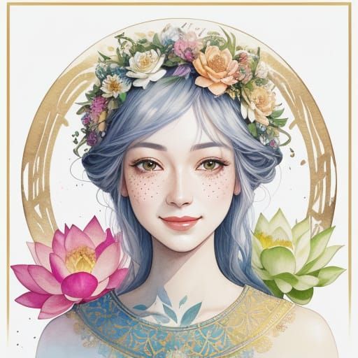 Surreal Watercolor Art of a Smiling Man with Lotus Flower Wr...