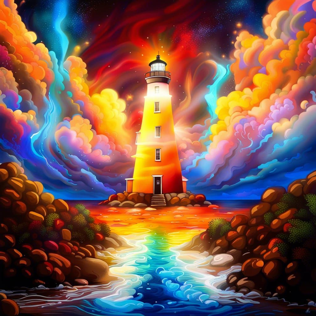Angelic Lighthouse in Paradise: Digital Graffiti Art