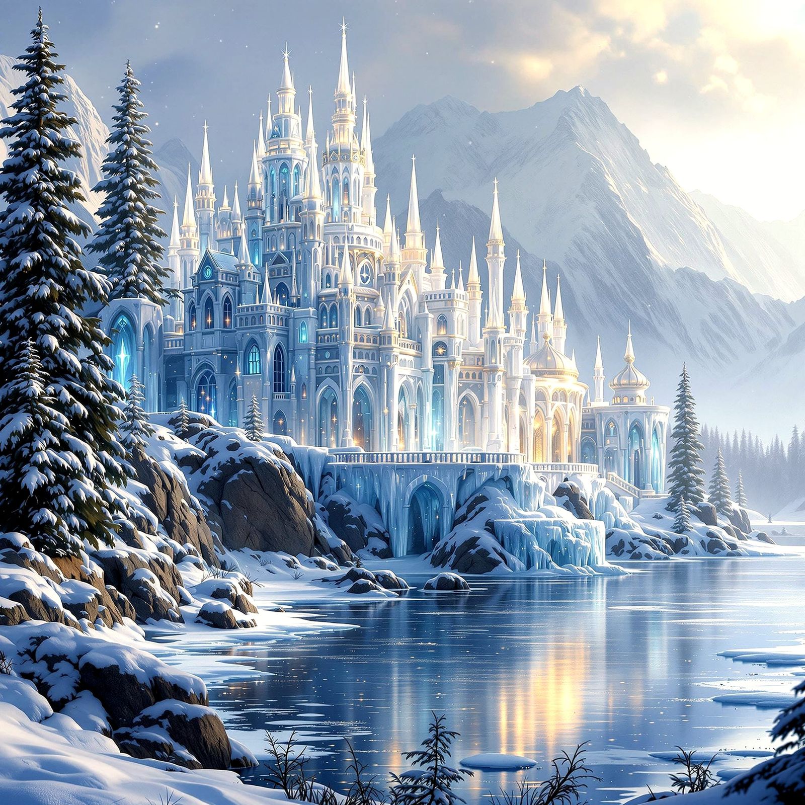 Frozen Winter Palace on a Serene Lake Shore