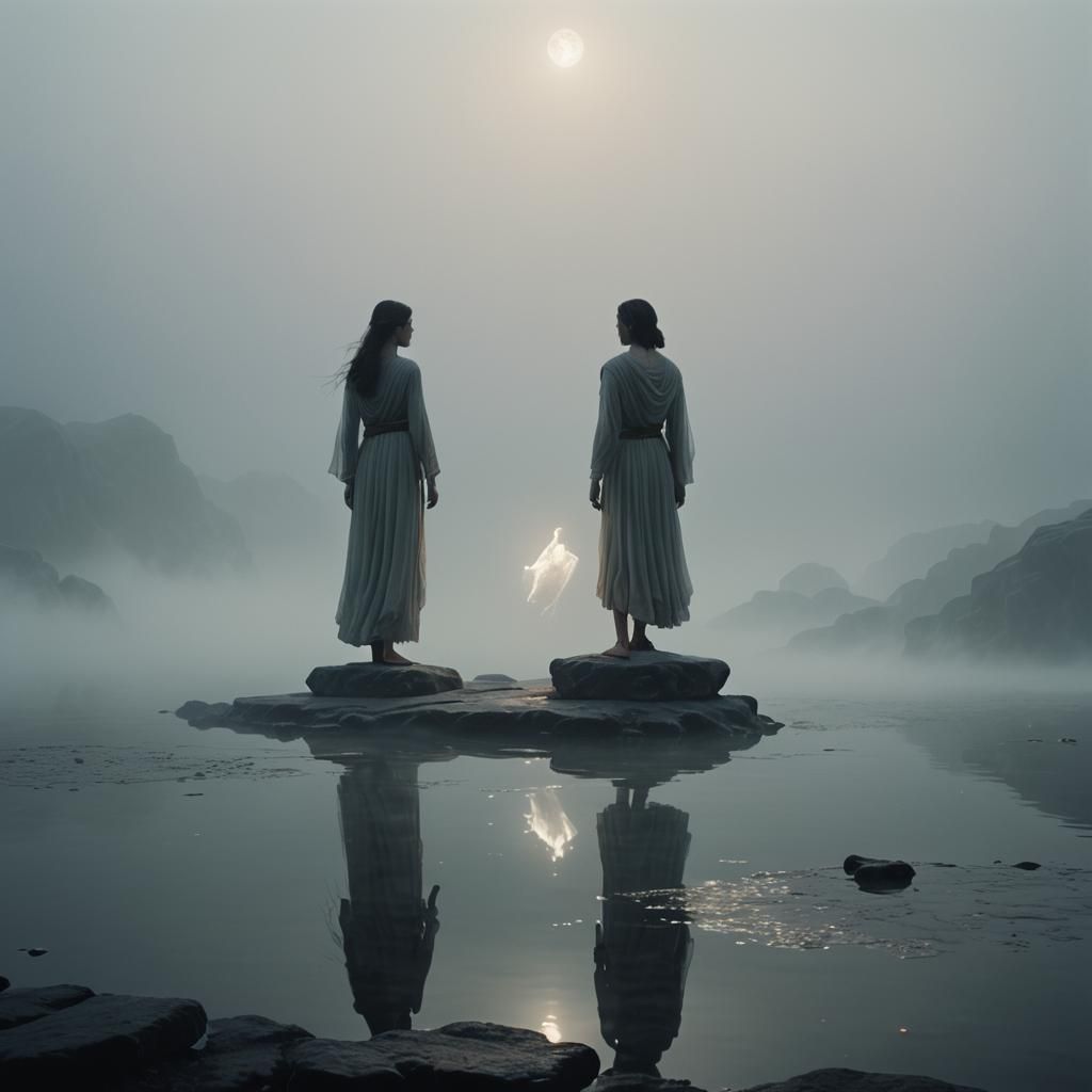 Ethereal Figures Meet in Misty Landscape, Cinematic Style