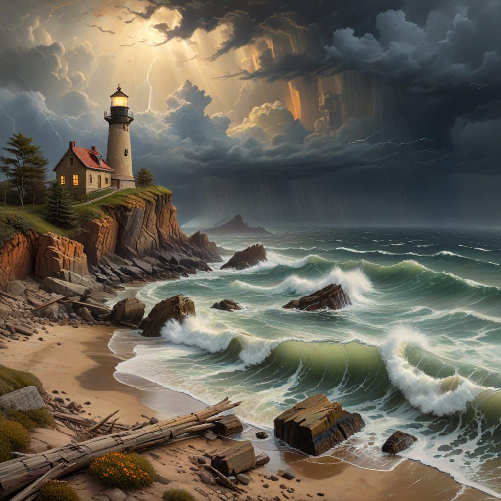 Majestic Rocky Coast with Lighthouse in Stormy Skies