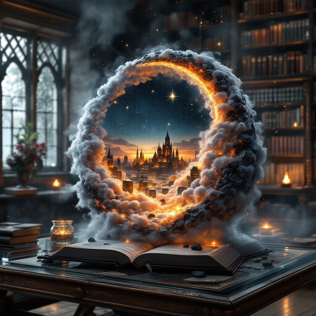 3D Grimoire with Fire and Mirage City, Magical Art Style