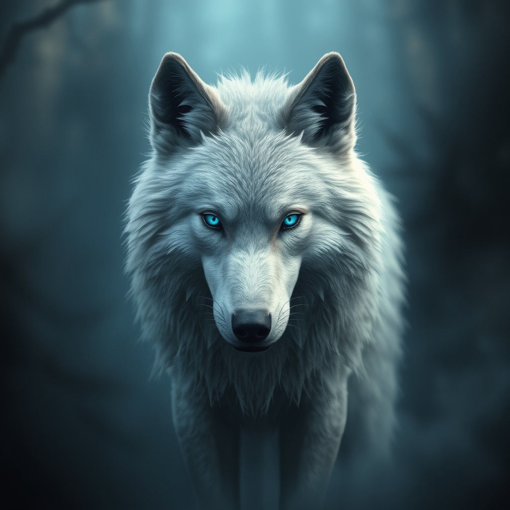 Majestic Blue-Eyed Dire Wolf in Fantasy Landscape