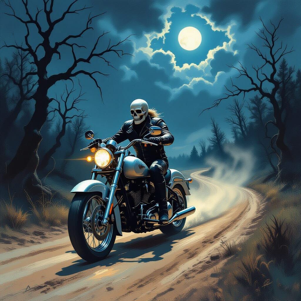 Skeleton Rider on Silver Bike in Dark Fantasy Style