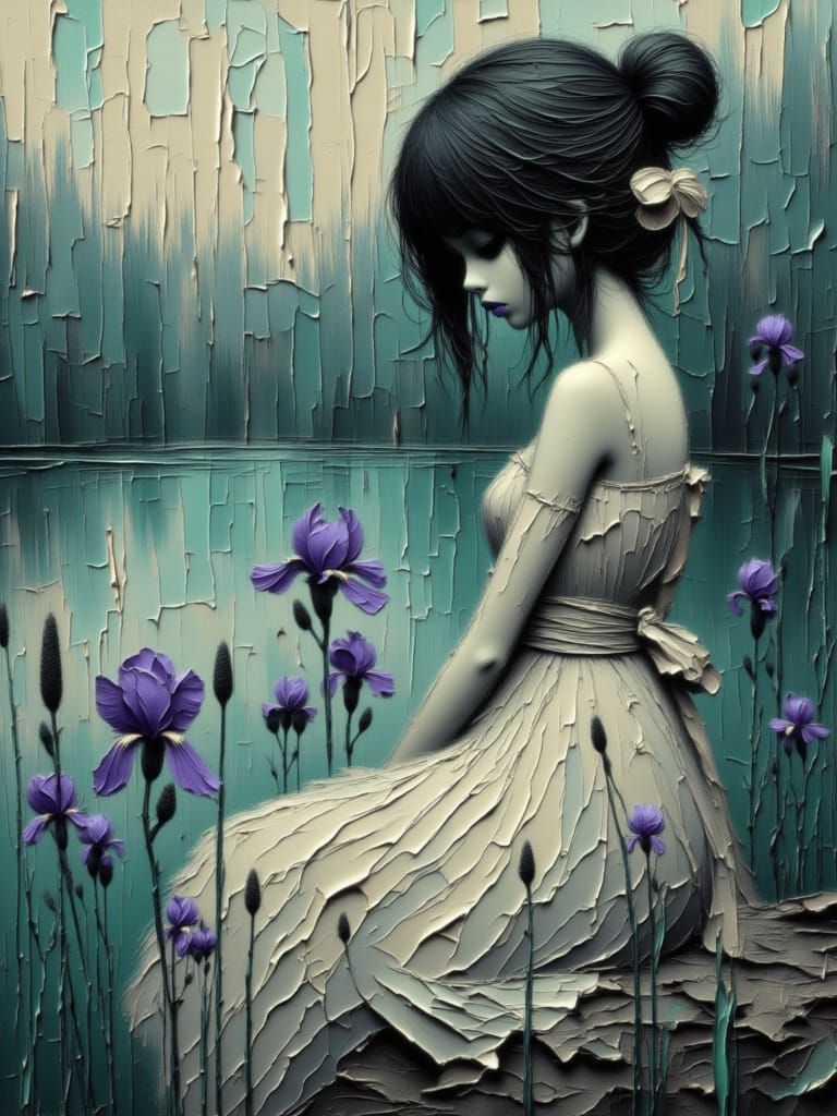 Sad Young Woman by Pond with Purple Irises