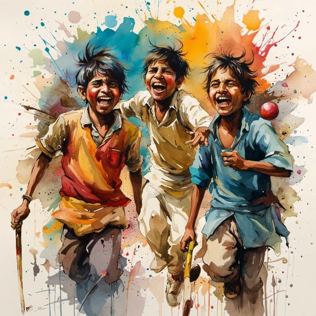 Joyful Street Cricket: Watercolor Masterpiece