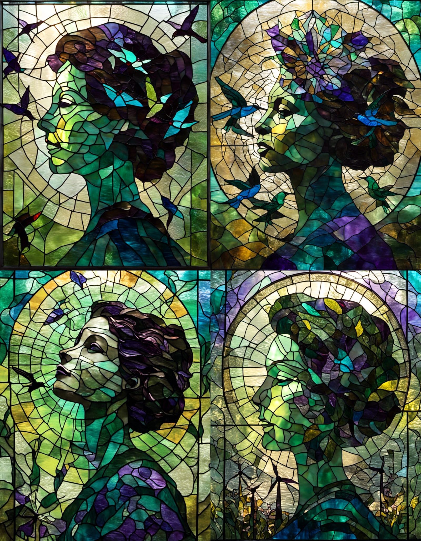 Stained Glass Portrait with Hummingbird and Windmills