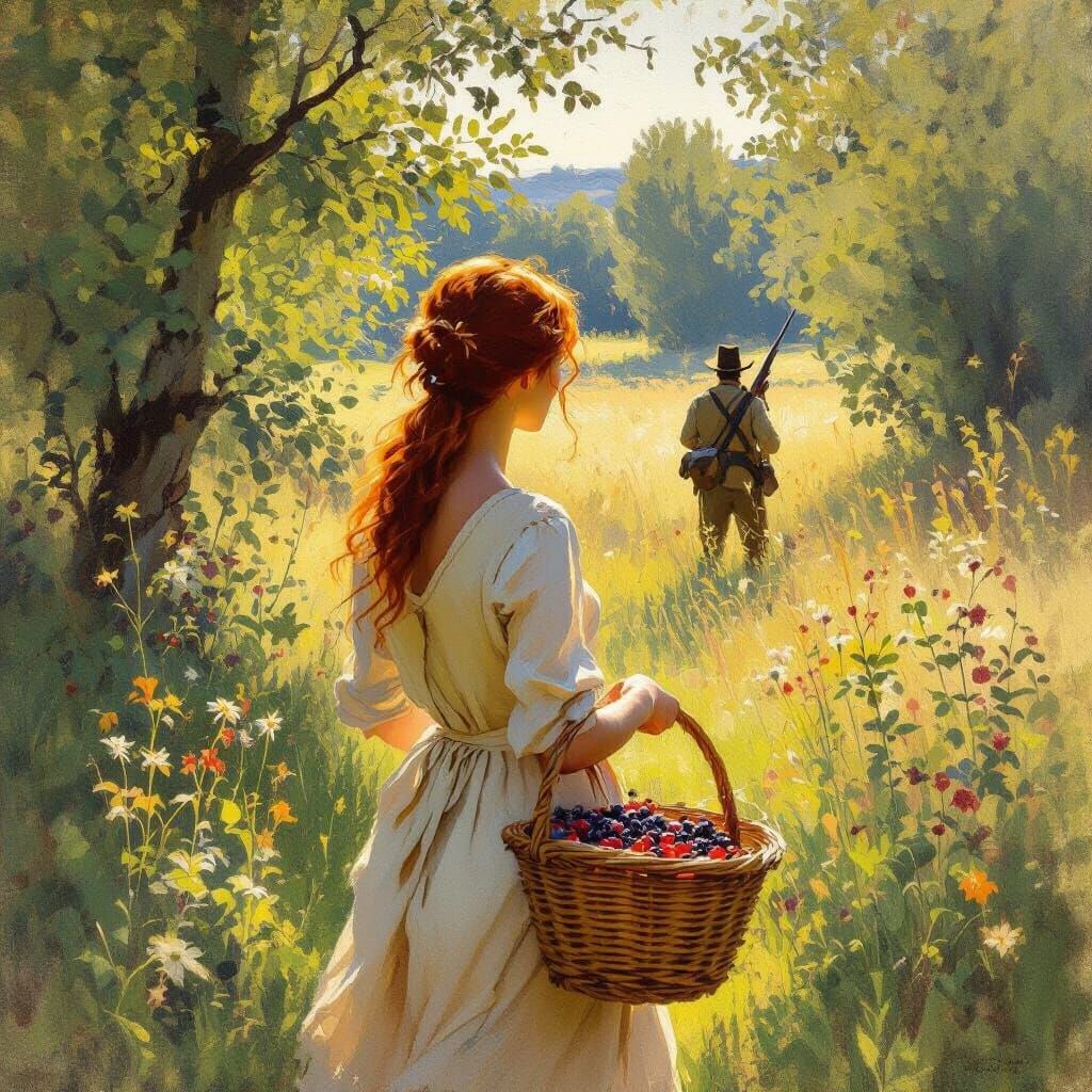 Impressionist Summer Hunt Scene with Red-Haired Woman