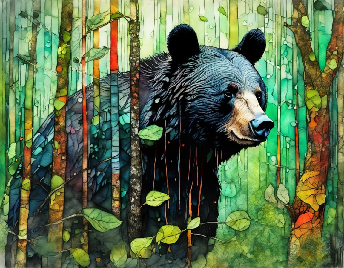 Black Bear in Forest, Mixed Media Alcohol Ink