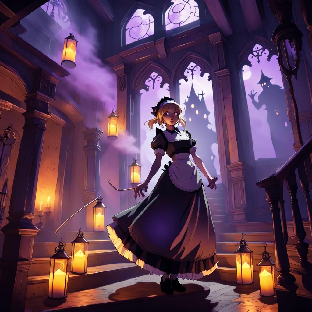 Anime Maid Explores Haunted House in Gothic Style