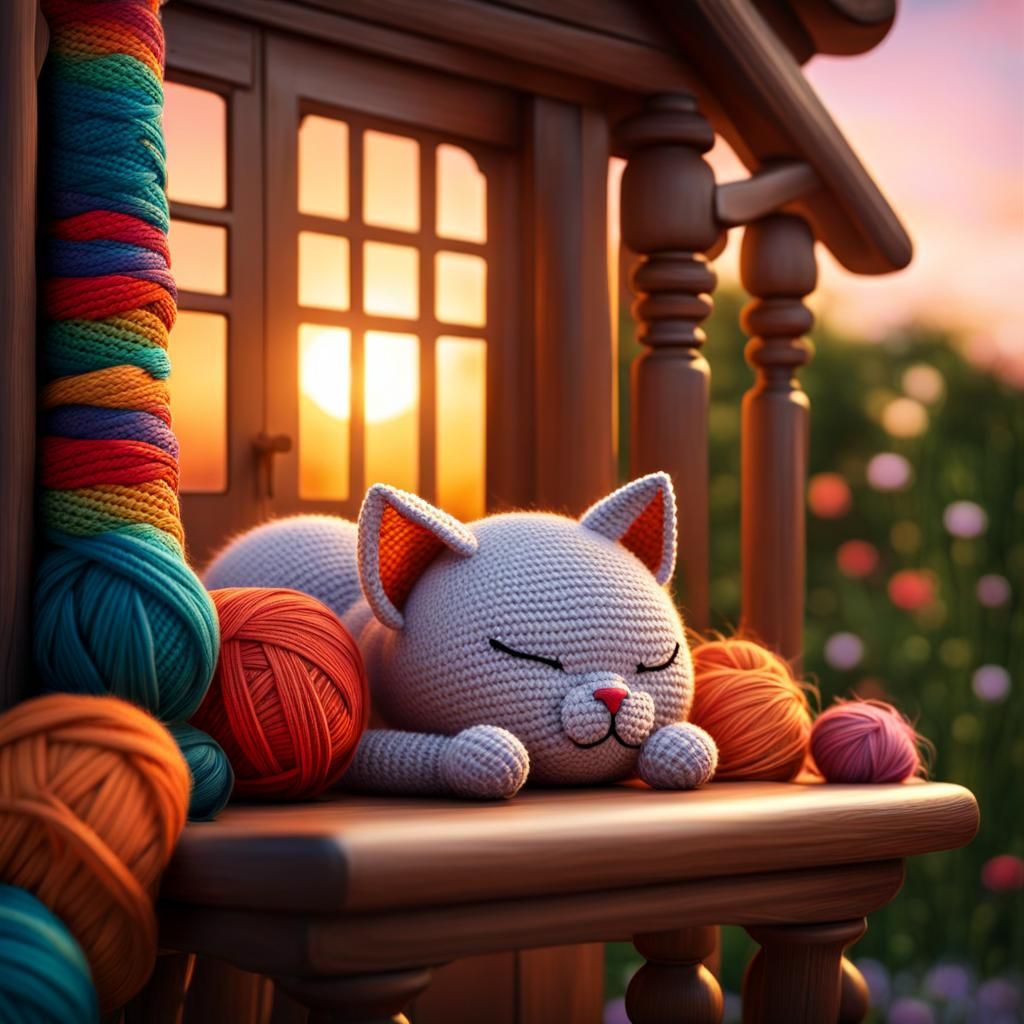 Crochet Art: Sleeping Woman and Cat at Sunset