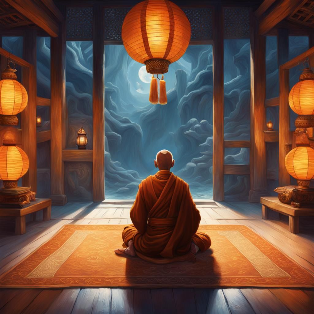 Serene Monk Meditates in Ancient Chamber