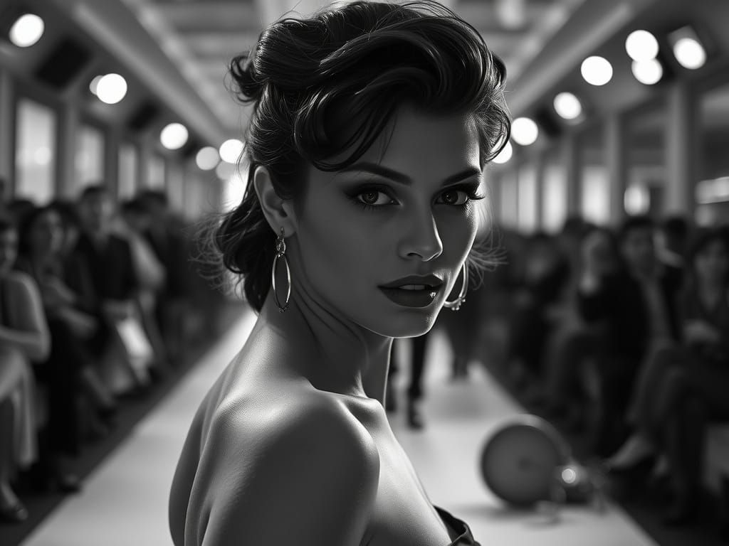 Supermodel Strutting Down Runway in Dramatic Black and White