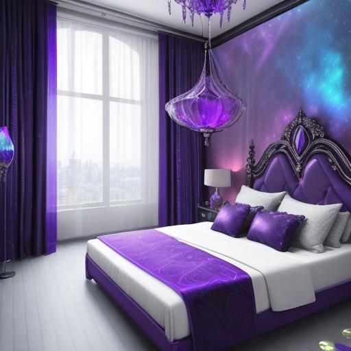 Cosmic bedroom with purple holographic walls& cobalt blue holographic windows with cosmic purple curtains& cosmic purple...
