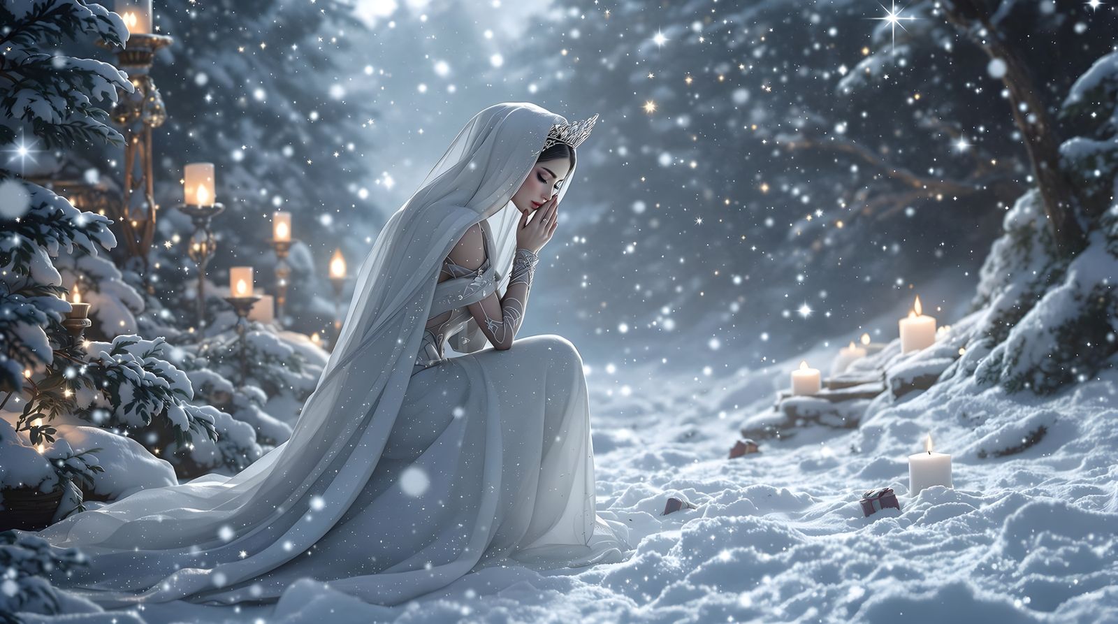 Winter Queen in Ethereal Splendor, Kneeling Before the Chris...