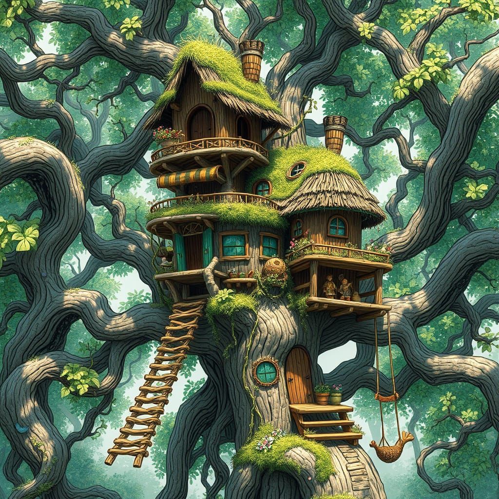 Whimsical Treehouse Village in Ancient Trees