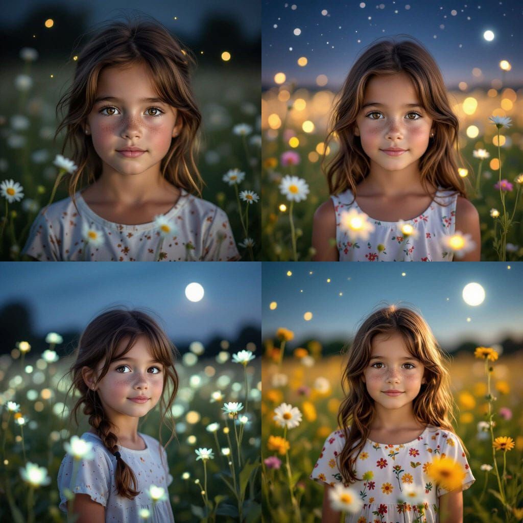 Realistic Portrait of a Young Girl in a Flower Field at Nigh...