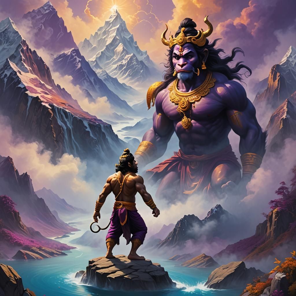 Hanuman Over Himalayas in Vibrant Digital Painting