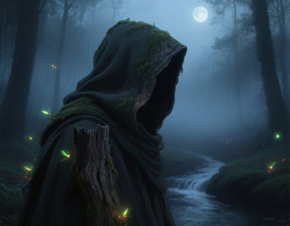 Surreal Hooded Figure in Moonlit Forest