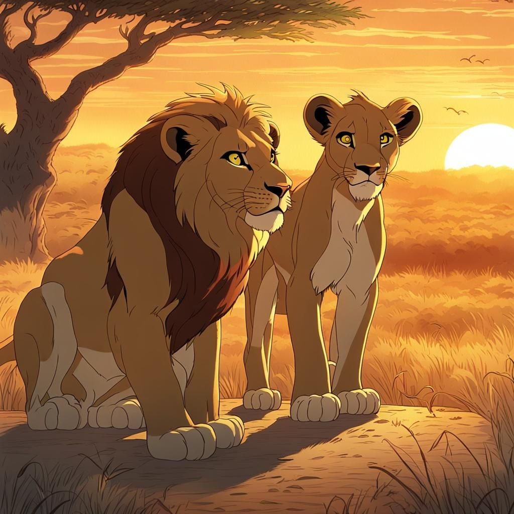 Lion Cub Simba Plays on the Savannah: Manga Art