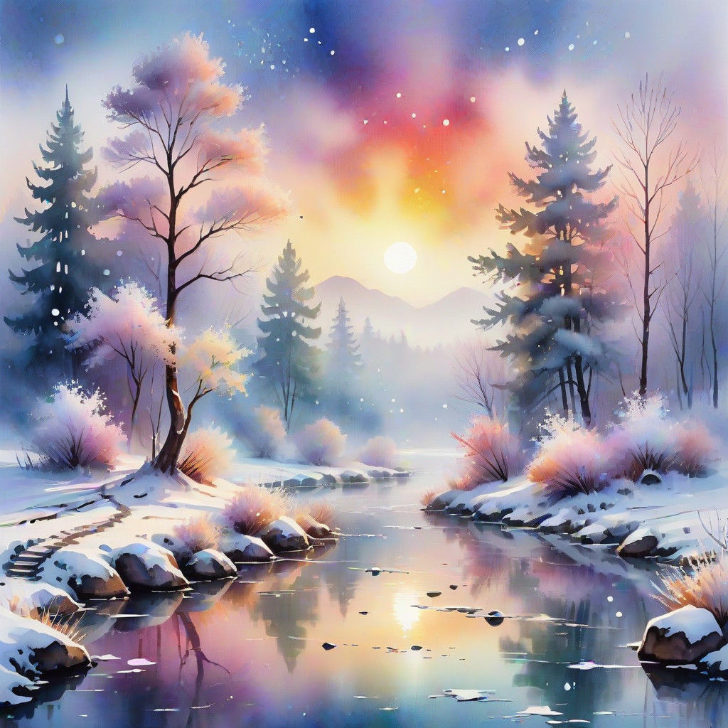 Winter Wonderland Landscape in Watercolor Sketch Style