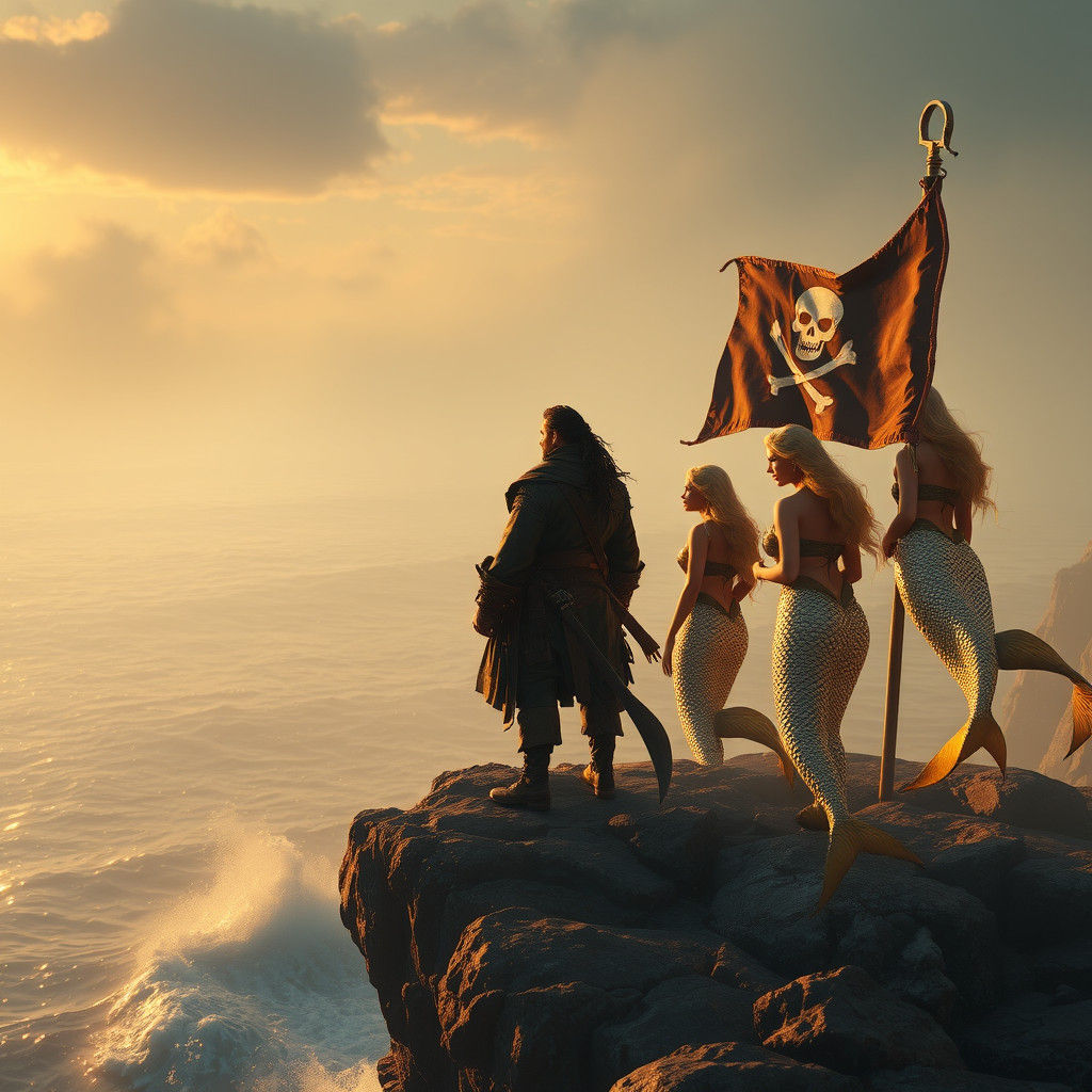 Pirate and Mermaids at Sunset, Fantasy Art