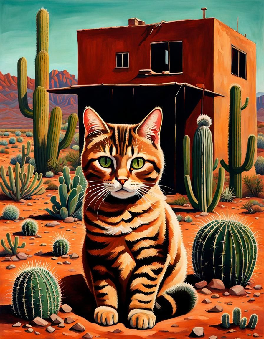 Sad Cat in Post-Nuclear Desert Landscape
