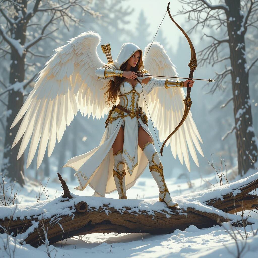 Angel in Snowy Forest with Bow and Arrow