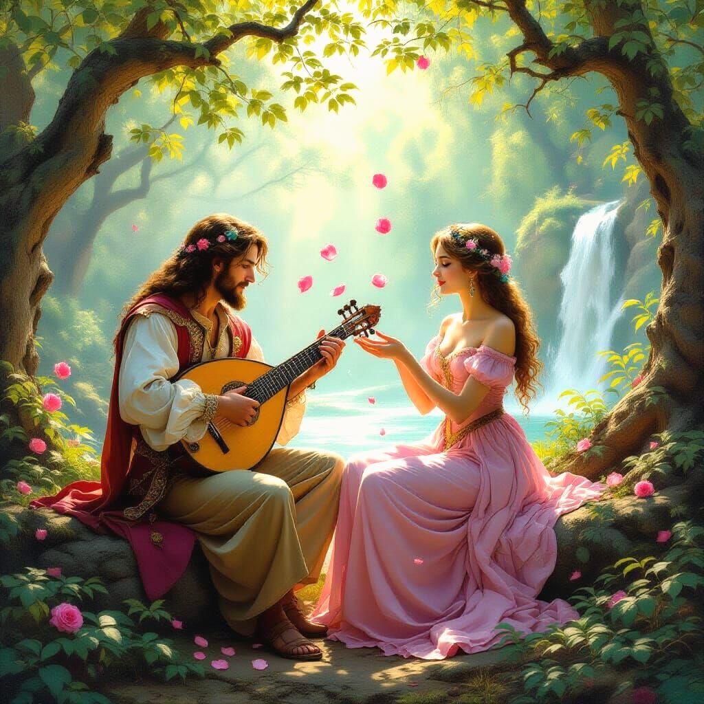 Handsome Musician in Ethereal Forest, Lady Tosses Roses